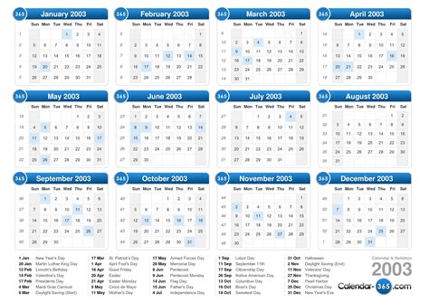 2003 Calendar With Holidays